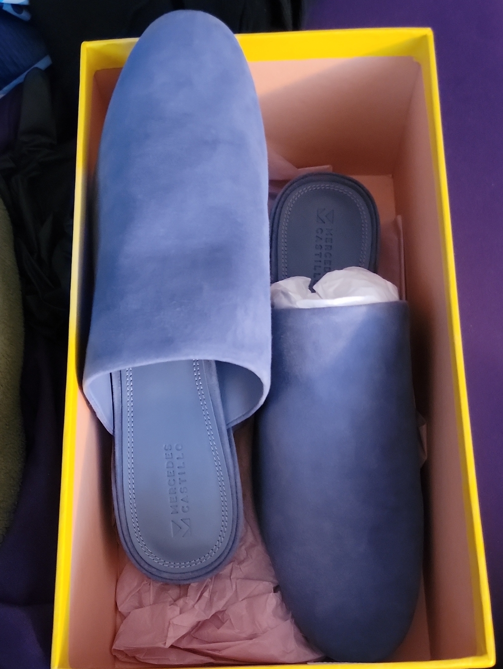MERCEDES CASTILLO Steel Blue Suede Slip-On Mules